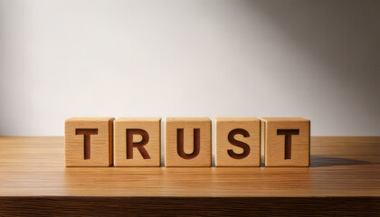 Wooden blocks spelling TRUST on light wooden table