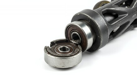 Damaged Rollerblade Wheel Axle with Exposed Bearings on White Background