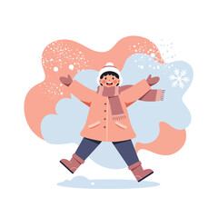 Obraz premium Child wearing warm pink winter coat playing joyfully in snow with scarf and mittens on cold winter day 