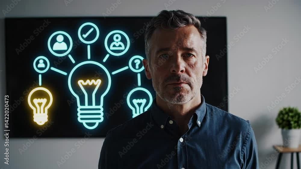 Poster Confident businessman stands before a digital screen displaying a network diagram and light bulb icons, symbolizing innovative ideas and teamwork in a startup environment