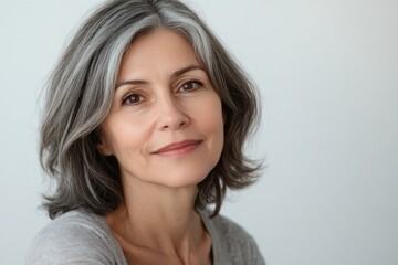 Fototapeta premium A confident middle-aged woman with graying shoulder-length hair, wearing a gray shirt, smiles subtly.