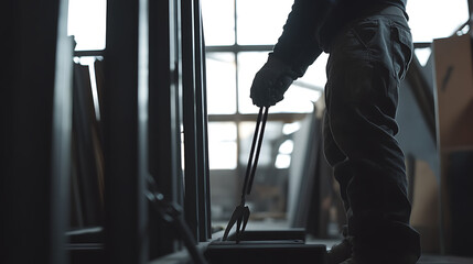 Worker Using Tongs in Industrial Setting