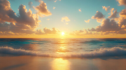 Serene Ocean Sunset with Golden Waves on Sandy Beach