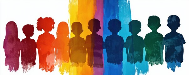 A vibrant silhouette of children against a colorful background, symbolizing diversity and unity among different cultures and backgrounds.