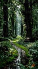 Obraz premium Lush forest path. Sunlight filters through trees