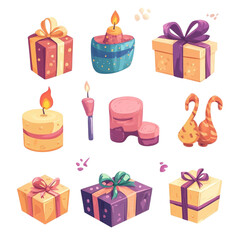 Colorful gifts candles and cute characters a festive collection