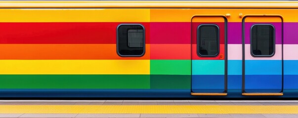 A vibrant, multicolored train car featuring horizontal stripes in various shades, highlighting a lively and artistic transportation design.