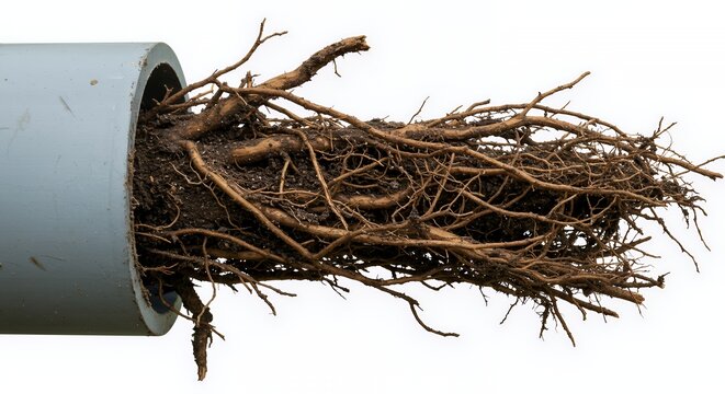 Gray PVC Pipe Clogged with Brown Tree Roots Isolated on White Background