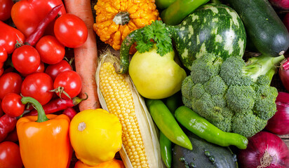 mix of fresh vegetables as background, top view