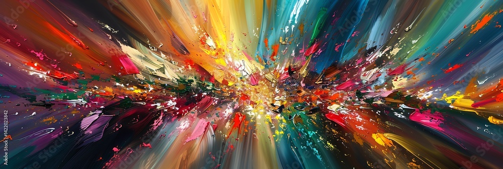 Poster dynamic panoramic abstract background featuring an explosion of colorful paint splatters and brushst