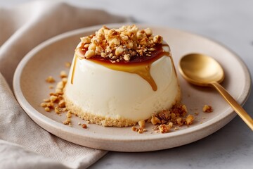 Panna Cotta with Caramel Sauce and Crunchy Nut Topping on Plate