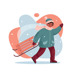 Child carrying sled dressed in warm winter clothes walking outdoors in cold snowy weather illustration 