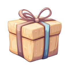 A light beige gift box with a brown and light blue ribbon bow a present