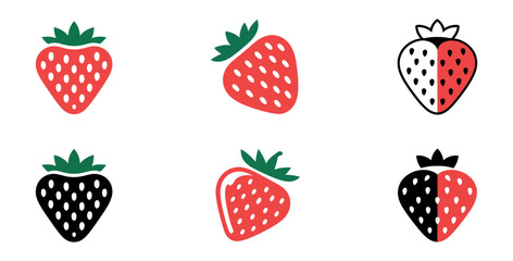 Strawberry Vector Set,Stylized Fruit Graphics,Red And Black Illustrations,Berry Icon Collection,Isolated On White Background