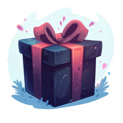 A dark gift box with a pink bow sits on the ground surrounded by light blue grass and pink splashes