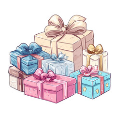 A stack of presents with pastel colored ribbons and bows a delightful gift collection