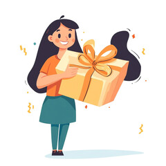 Happy girl holding a big gift box with a yellow ribbon excited for a surprise