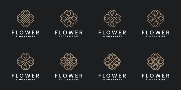 Elegant flower logo collection with floral line art in gold