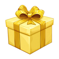 A yellow gift box with a gold ribbon and bow a perfect present