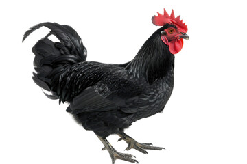 A majestic black rooster stands proudly, its ebony plumage gleaming against a stark white background, showcasing its regal bearing and vibrant red comb.