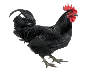 A majestic black rooster stands proudly, its ebony plumage gleaming against a stark white background, showcasing its regal bearing and vibrant red comb.