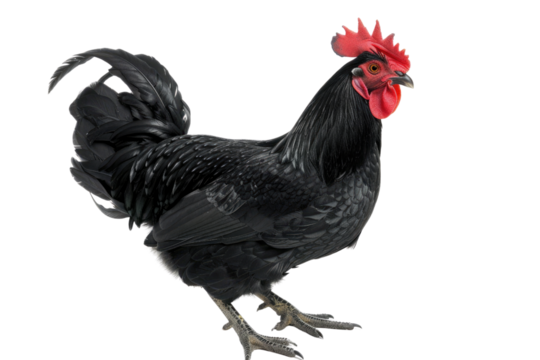 A majestic black rooster stands proudly, its ebony plumage gleaming against a stark white background, showcasing its regal bearing and vibrant red comb.