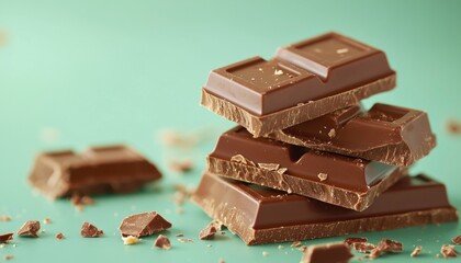 Stacked dark chocolate pieces on teal surface