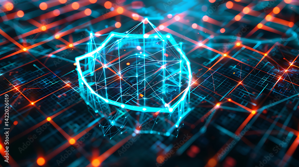 Aufkleber glowing blue digital shield icon formed by network lines over a circuit-like background with orange 