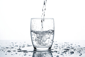Fresh water being poured into a clear glass creating ripples and splashes on a reflective surface in a bright setting