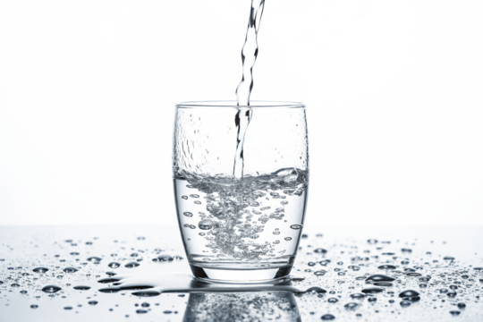 Fresh water being poured into a clear glass creating ripples and splashes on a reflective surface in a bright setting