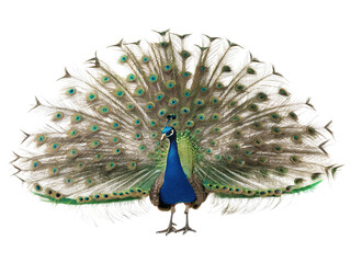 Vibrant peacock displaying its colorful feathers in a striking spread under bright daylight in a natural setting