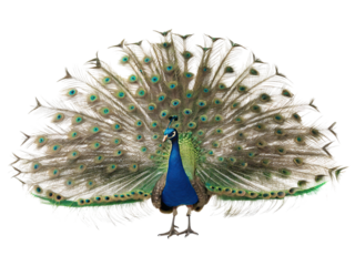 Vibrant peacock displaying its colorful feathers in a striking spread under bright daylight in a natural setting