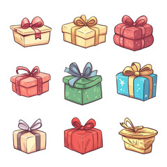 Nine colorful gift boxes with different bows a collection of presents