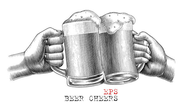Hand hold beer mug illustration vintage engraving style black and white clip art