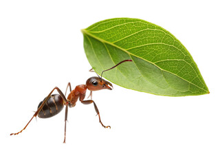 Ant carrying a leaf as shelter in a natural environment during daylight hours