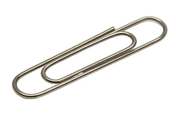 Standard paper clip lying flat on a white surface, showcasing its simple design and metallic finish