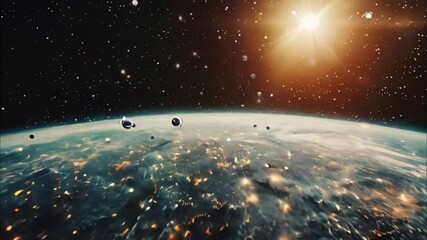 Planets gather in the solar system amidst glowing stars in a vibrant cosmic atmosphere