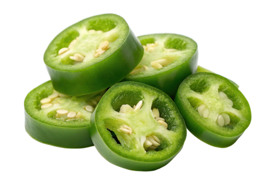Fresh green jalapeno slices arranged neatly showcasing their vibrant color and unique texture in a bright setting