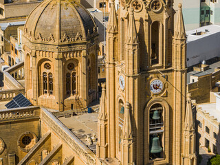 Paris church on Gozo island, Malta island. Drone closeup view