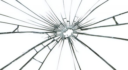 Shattered Skylight Glass Pane with Spiderweb Cracks Isolated on White Background