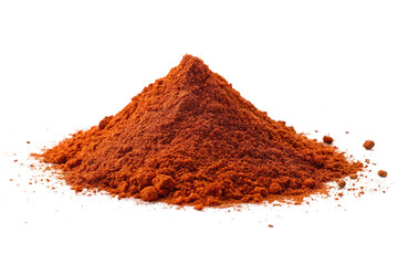 Bright red chili powder in a mound on a white surface, showcasing its vibrant color and fine texture used for cooking