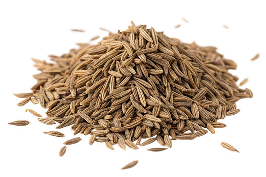 Whole cumin seeds stacked in a neat pile against a clean background, emphasizing their texture and natural color