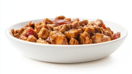 Wet cat food on a white dish isolated on white.