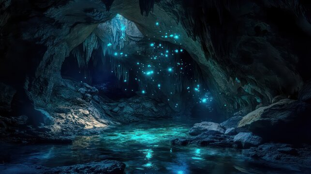 Mysterious waterfall cavern scene