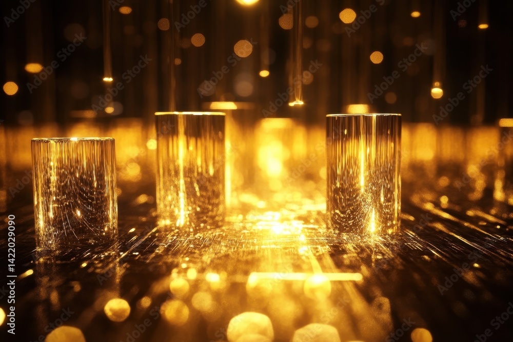 Poster shimmering golden cylindrical shapes surrounded by soft light reflections in an abstract setting