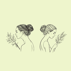 Elegant Line Art of Women with Hair Buns Holding Leafy Branches - Minimalist Nature-Inspired Illustrations