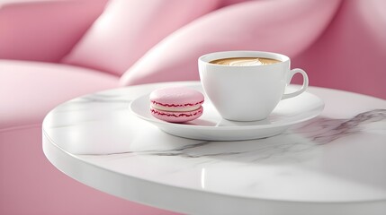 Fototapeta premium Elegant coffee and macaron presentation modern close-up food photography bright minimalist atmosphere
