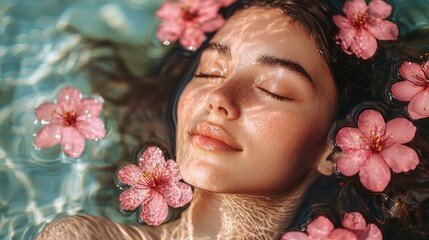 A woman is floating in a pool with pink flowers on her head