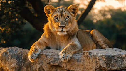 Obraz premium Majestic lion cub resting on rock