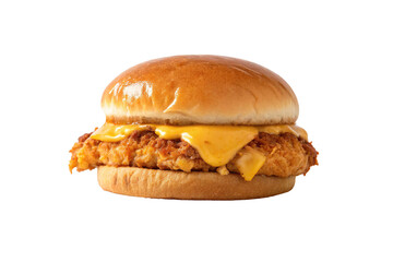 Crispy chicken sandwich with melted cheese on a soft bun ready to be enjoyed at a casual dining spot